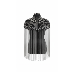 Cape d'épaule Ellora noire et argentée à franges perlées pour femme, idéale pour mariage, soirée, ou comme châle en nylon brodé de cristaux - Product Image 1