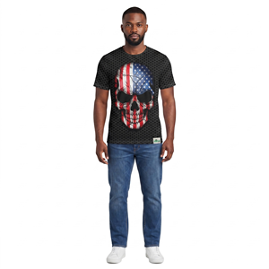 T-shirt à manches courtes en tricot imprimé pour homme, col rond, coupe classique, avec motif de crâne et drapeau américain - Product Image 1