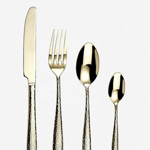 Vaisselle ton or poli fourchette cuillère couteau vaisselle en acier inoxydable argent plat martelé manche ensemble de couverts décoratifs - Product Image 5