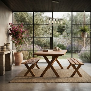 Luxury Solid Teak Wood <b>Outdoor</b> Dining Set Resort Poolside Picnic <b>Table</b> and <b>Bench</b> Set for Hotel Villa Garden Patio Furniture Teak - Product Image 2