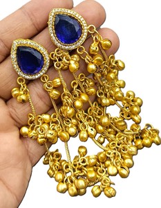 Pendientes Largos en Forma de Campana de Latón Dorado Hechos a Mano con Topacio Azul de Cachemira, Joyería Tradicional de Moda, Venta al Por Mayor - Product Image 3