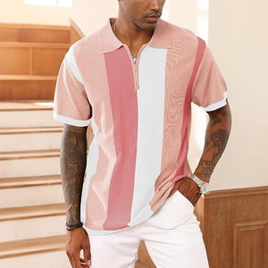 <b>Men's</b> Pink White Striped Knitted Short Sleeve Polo Shirt Casual Zipper Design Regular Fit - Product Image 1