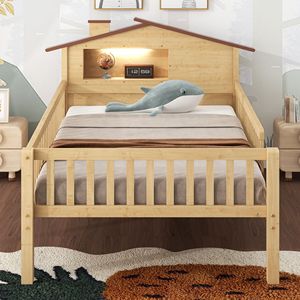 Letto a piattaforma in legno per bambini, misura Twin, con testiera a LED a forma di casetta e contenitore integrato, colore naturale - Product Image 3