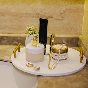 Decorative Round Wooden Serving <b>Tray</b> Farmhouse White Round <b>Tray</b> with Gold Metal Handle for Home Decor - Product Image 4