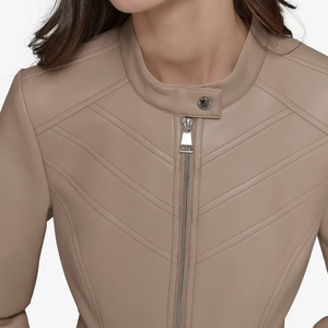 <b>Women's</b> Beige Genuine <b>Leather</b> <b>Jacket</b> Stand Collar Zipper Front <b>Moto</b> Biker Racer Coat - Product Image 6
