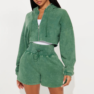 Conjunto de Sudadera con Capucha y Pantalones Cortos de Forro Polar para Mujer, Estilo Casual, Lavado Ácido, con Cremallera, de Secado Rápido, Tallas Grandes, para Invierno, Estilo Urbano, Personalizado de Fábrica - Product Image 1