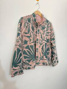<b>Pink</b> Mandarin Collar Knitted Velvet Suzani Embroidered Jacket Green Floral Hand Embroidery Cotton Lining Eco-Friendly Boho Style - Product Image 6