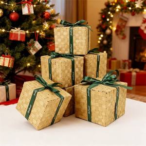 Eco Luxury Gift Packaging Case <b>Cube</b> Bamboo Gift Box Green Ribbon Wrapping Straw Hamper Sustainable Holiday Present <b>Basket</b> Lid - Product Image 3