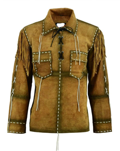 Wholesale Men Genuine Brown <b>Suede</b> Leather Western Cowboy Fringe <b>Jacket</b> Vintage Biker <b>Jacket</b> - Product Image 1