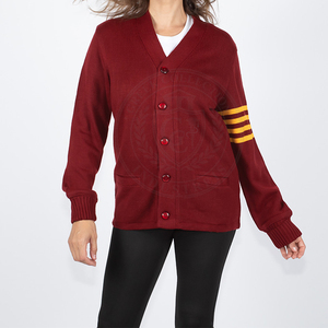 Cardigan en acrylique tricoté pour homme, couleur bordeaux avec manches à rayures jaunes, fermeture boutonnée, style universitaire, pour homme et femme - Product Image 2