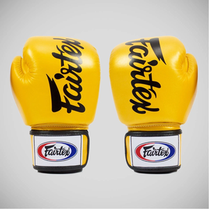 ถุงมือชกมวยหนังวัวแท้สีเหลือง Fairtex ขายส่ง พร้อมโลโก้สั่งทำ สำหรับฝึกซ้อมคิกบ็อกซิ่ง ต่อสู้ แบบติดตีนตุ๊กแก ระบายความชื้นได้ดี - Product Image 2