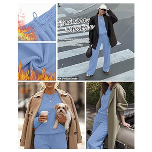 Conjunto de 2 Piezas para Mujer, Sudadera con Forro Polar, Top de Cuello Redondo, Pantalones Anchos, Chándal Informal y Cómodo - Product Image 4