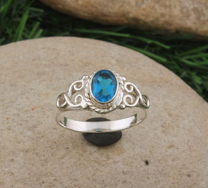 Bague ovale en topaze bleue naturelle, taille brillant, en argent sterling 925, bague de mariage classique pour femme - Product Image 5