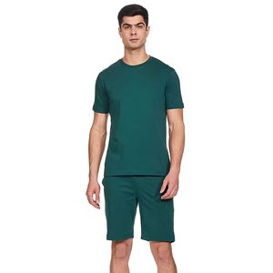 Men's Summer Casual Cotton T-Shirt <b>Set</b> Solid Green Crew Neck Breathable Knitted <b>Shorts</b> <b>and</b> <b>Top</b> - Product Image 4