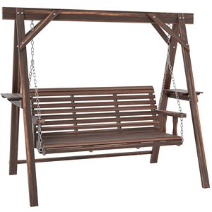 Dondolo a 3 posti in legno carbonizzato marrone con supporto per giardino, bordo piscina o cortile, con tavolini laterali - Product Image 1