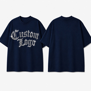 Camiseta Oversize Personalizada con Letras Góticas de Diamantes de Imitación para Hombre, Estilo Urbano, Manga Corta, Cuello Redondo, Gráfico, Azul Marino - Product Image 1