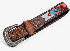 Ceinture en cuir occidentale de haute qualité avec boucle artisanale à motifs multicolores perlés, marque SADAF SADDLERY, taille 24-34 pouces, Inde - Product Image 3