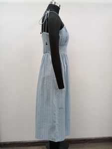 Robe midi trapèze décontractée en coton tissé, bleu clair, à rayures imprimées et brodées, à fines bretelles, coupe classique, printemps-été - Product Image 3