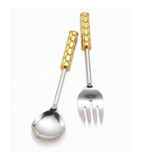 Simple Creative Brass Salad Server Set With Hammered Square Handle for Dining Table <b>Gold</b> Plated Food <b>Serving</b> <b>Spoon</b> & Forks Sets - Product Image 5