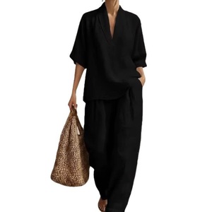 Ensemble Coordonné 2 Pièces Tendance Femme 2026 en Lin : Haut Minimaliste Col V et Pantalon Large – Tenue Décontractée d'Été pour Vacances, Imperméable - Product Image 1