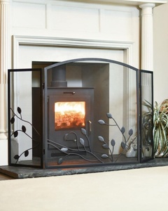 Botanical Vine Metal Fireplace <b>Screen</b> Three Panel Folding Fine Mesh Spark Guard Decorative Hearth <b>Protector</b> Black Finish - Product Image 1