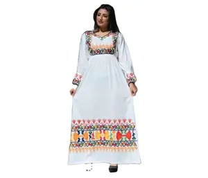 White Embroidered Cotton Kaftan maxi Long Sleeve Egyptian V-Neck Floral Casual Party Dress