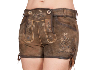 Men's Brown Embroidered Lederhosen Shorts High Waist Casual Short Shorts With Floral Design Hand Embroidery Detailing - Product Image 1