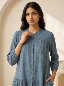 Robe chemise en lin et coton bleu, manches trois quarts, col montant, coupe trapèze, longueur mini, décontractée, pour tous les jours, respirante, avec poches - Product Image 4