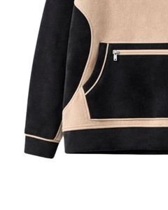 Sweat-shirt personnalisé beige et noir pour femme, en molleton, à capuche, coupe oversize, col montant à boutons-pression, décontracté d'hiver, avec poche zippée - Product Image 6
