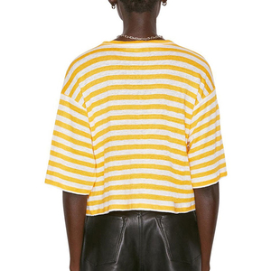 Drop Shoulder Contrast Color <b>Stripes</b> Design Women's <b>Crop</b> T-Shirts Bulk Orders Low MOQ Summer Wear Cropped <b>Tops</b> Shirts - Product Image 4
