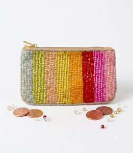 Handmade Beaded Coin Purse Rainbow Stripe Zipper Closure Bohemian Style Unisex <b>Mini</b> Size - Product Image 3