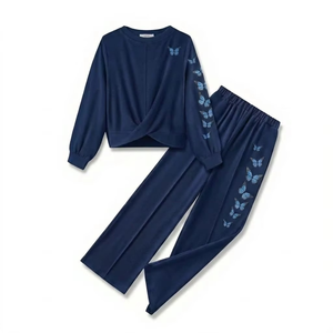 Women <b>White</b> Butterfly Embroidered <b>Tracksuit</b> Full Sleeve Crew Neck Casual Lightweight Cotton Two Piece Set Spring Wear - Product Image 3