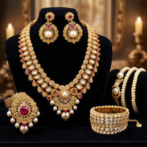 Gorgeous 18K Gold Austrian Beads Bridal 10575538PK Featuring Designer Pearl Earrings Bracelet Ring for Weddings Made Alloy - Product Image 3