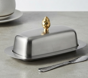 Plateau à beurre en métal poli argenté, plat à beurre en acier inoxydable rectangulaire avec couvercle, design minimaliste, vaisselle de cuisine - Product Image 1