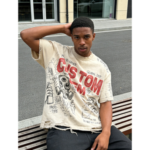 Camiseta de Hombre Estilo Urbano, Holgada, Vintage, con Estampado Digital Desgastado, 100% Algodón, OEM, Personalizada - Product Image 2
