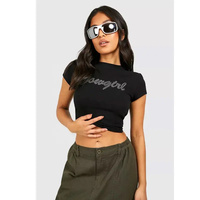 Camisetas Cortas Básicas de Verano para Mujer, Estilo Acid Wash, Cuello Redondo, Manga Corta, Casual, con Cuentas, Spandex/Algodón, Tela Jersey con Serigrafía