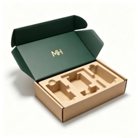 Boîte cadeau personnalisée en carton ondulé vert foncé, imperméable, réutilisable, haut de gamme, avec logo MH en feuille d'or, couvercle intérieur, en pulpe moulée biodégradable