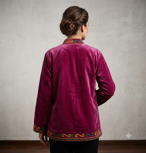 Abrigo de invierno de terciopelo bordado con cuello mandarín, manga larga, diseño hecho a mano para mujer, ropa exterior elegante e informal. - Product Image 3