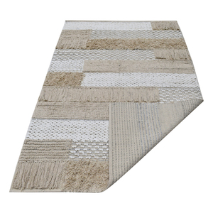 Tapis d'intérieur en laine tissé à la main, patchwork neutre, beige et blanc, à poils ras avec franges - Product Image 4