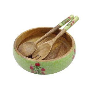 Ensemble de saladiers en bois de manguier émaillé artisanal, bol de service rond durable avec cuillère et fourchette assorties, en promotion - Product Image 1