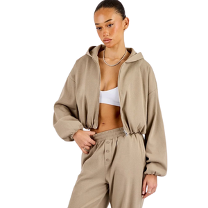 Womens Cropped Full <b>Zip</b> Hooded Tracksuit Set Wide Leg <b>Trousers</b> Elastic Waist Gathered Hem Two Piece Lounge Travel Street Outfits - Product Image 3