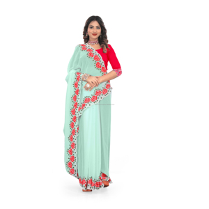 SAREES doux Georgette tissu Multi fil broderie travail Arc coupe bordure avec partout Sirvoksi diamant attaché - Product Image 1
