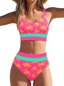 Ensemble de bikini personnalisé pour femme, imprimé palmiers roses, taille haute, deux pièces, avec détails contrastants, haut court, maillot de bain en Spandex et Polyester - Product Image 2