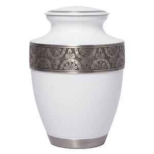 Urna Funeraria de Aluminio para Adultos con Hermosa Banda Grabada en Color Estaño y Blanco, Acabado con Bolsa de Terciopelo para Cenizas Humanas - Product Image 1
