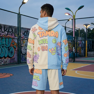 Oversized Hoodie Sweat Shorts <b>Tracksuit</b> 2 Piece | Custom Fleece Two Piece Hoody Set <b>Tracksuit</b> - Product Image 2