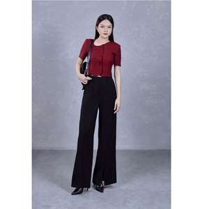 Pantalones de Pierna Ancha con Abertura Frontal Elegantes y Antiarrugas de Sarga (Mezcla de Poliéster + Spandex) al por Mayor de Vietnam KQ20 - Product Image 1