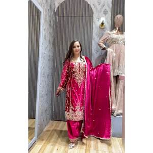 DESIGNER <b>VISCOSE</b> VELVET EMBROIDERY SEQUENCE WORK <b>TOP</b> BOTTOM DUPATTA PINK - Product Image 1