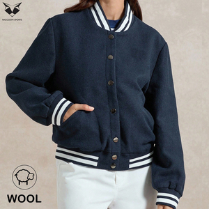 Hand Made Women Navy Blue Varsity Jacket Full Sleeve Button Up Contrast Trim Regular Fit Autumn Solid Color Turn-Down Collar - Product Image 3