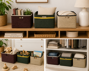 Rectangular Plant Fiber Storage Baskets With Handles Rustic Style Multi-Purpose Neatening Organization Basket <b>Set</b> <b>square</b> basket - Product Image 6
