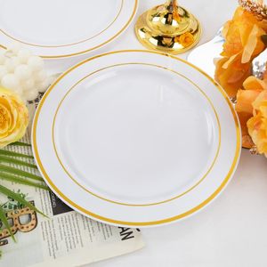 Set Premium di 30 Piatti di Plastica Usa e Getta Bianchi e Dorati da 10,25 Pollici con Bordo Dorato per Decorazioni da Tavola per Matrimoni e Feste - Product Image 2